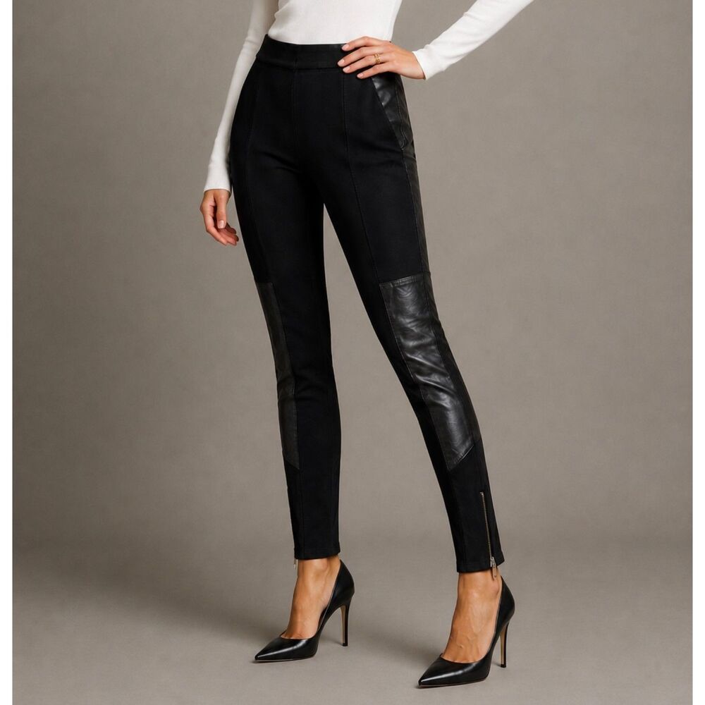 NWT Anthropologie Black Mixed Media Faux Leather Suede Patchwork Leggings Zip 28
